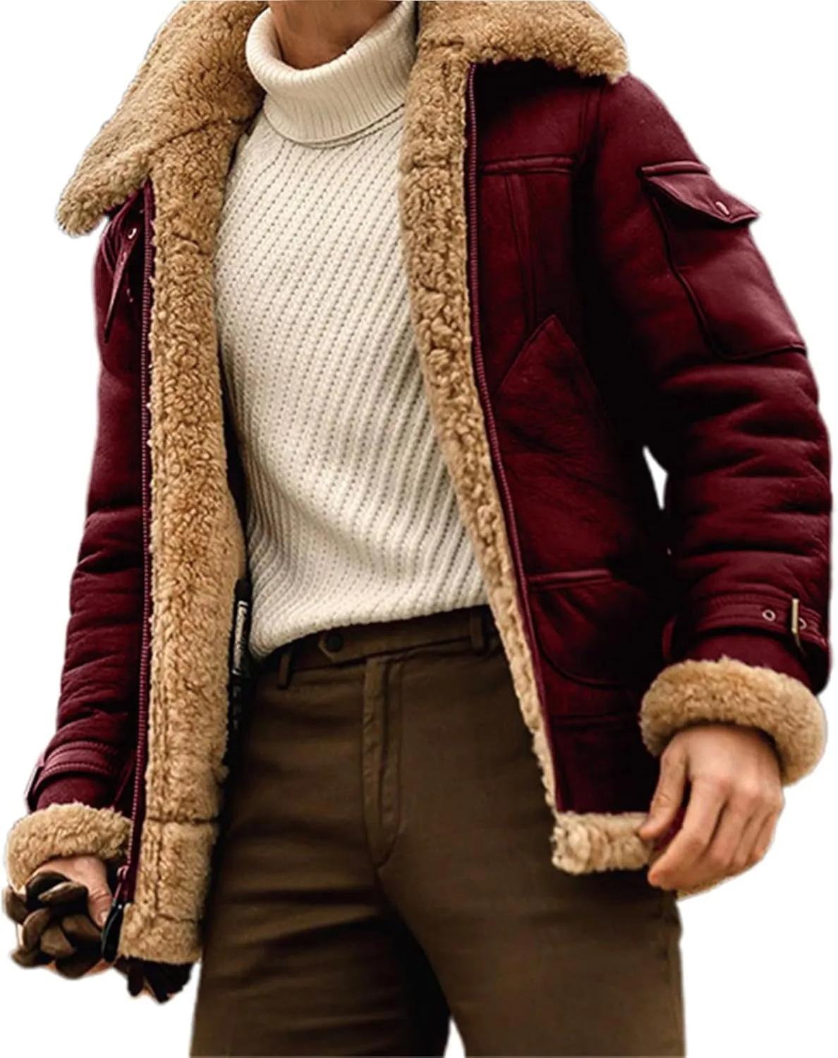 Mens Winter Jacket Sherpa Lined Faux Fur Bomber Aviator Jacket Warm Shearling Leather Coat Zip Up Outwear