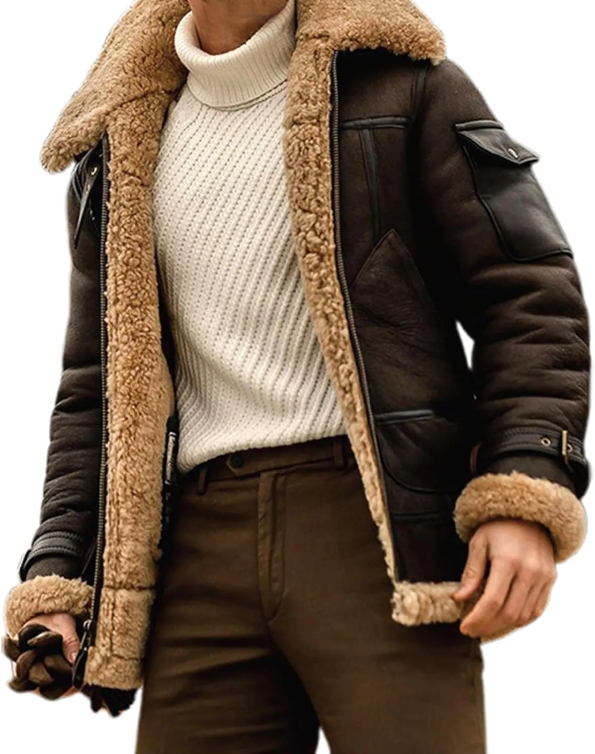 Mens Winter Jacket Sherpa Lined Faux Fur Bomber Aviator Jacket Warm Shearling Leather Coat Zip Up Outwear