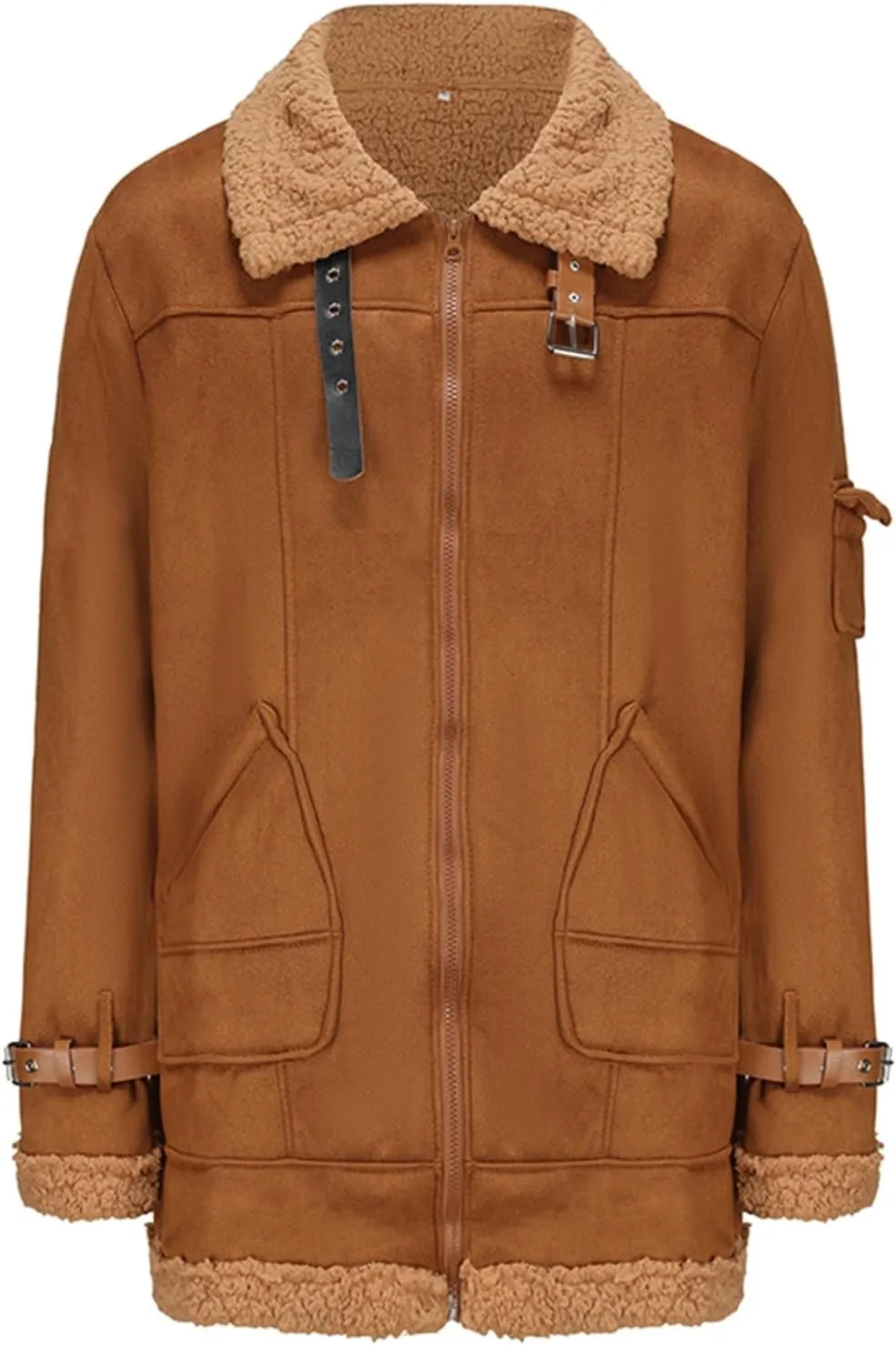 Mens Winter Jacket Sherpa Lined Faux Fur Bomber Aviator Jacket Warm Shearling Leather Coat Zip Up Outwear