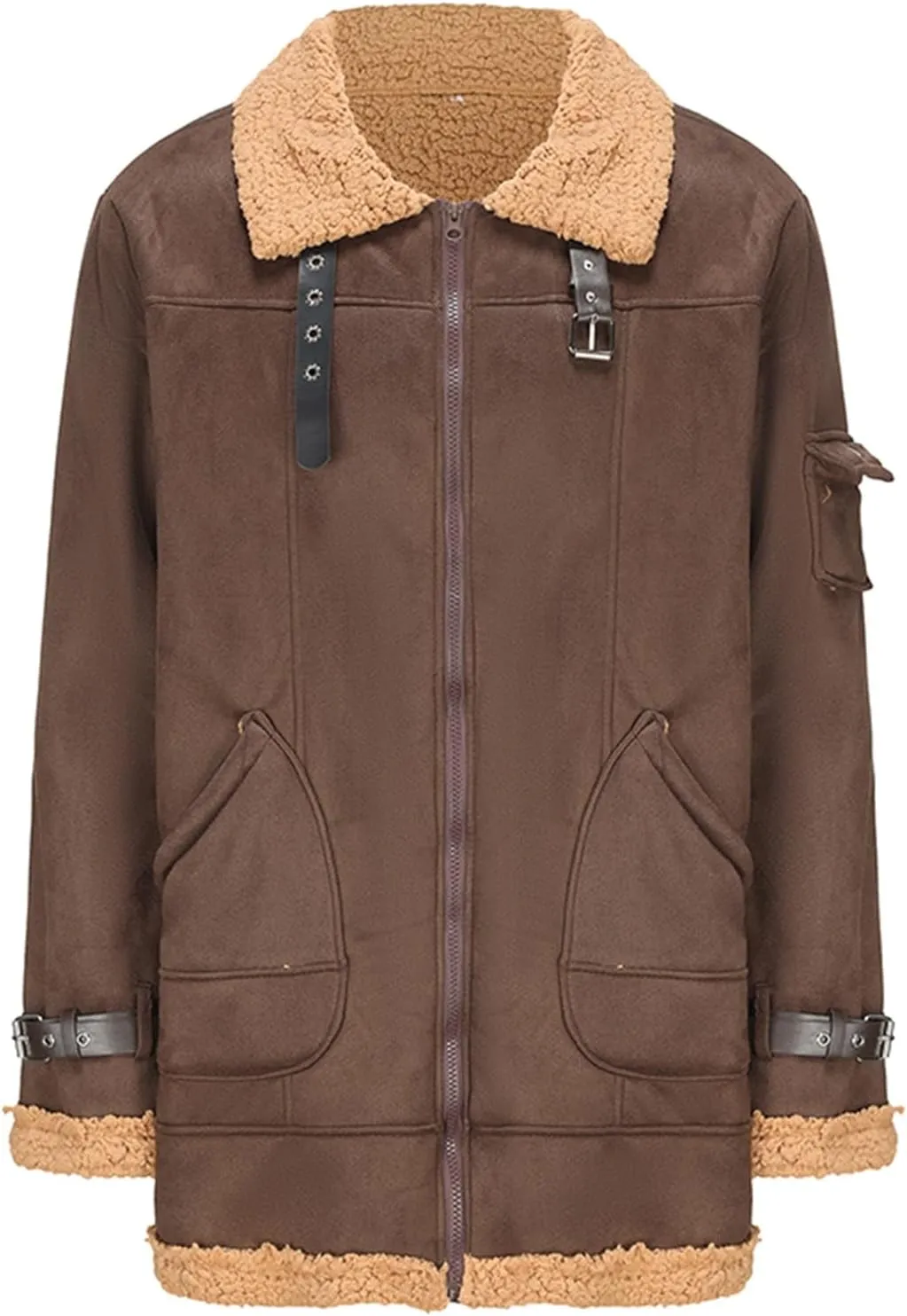 Mens Winter Jacket Sherpa Lined Faux Fur Bomber Aviator Jacket Warm Shearling Leather Coat Zip Up Outwear