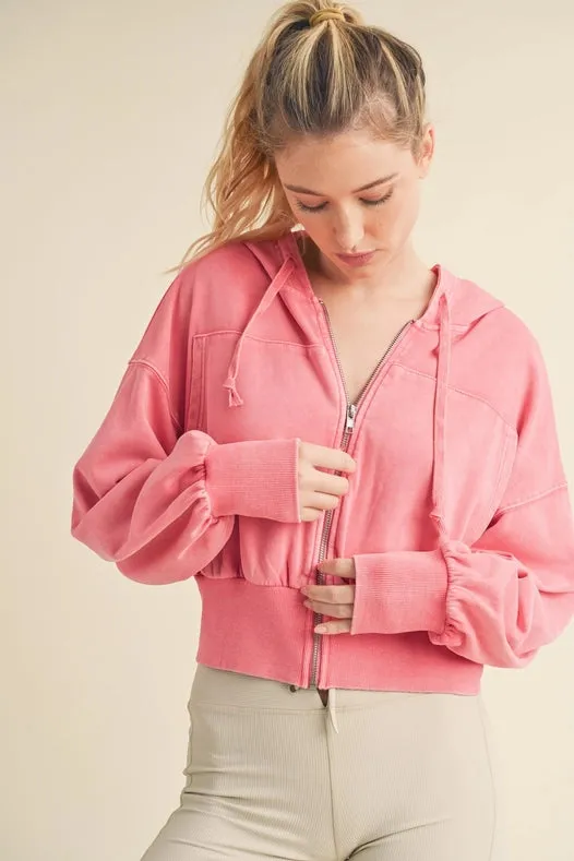Mineral Wash Zip-Up Hoodie Pink