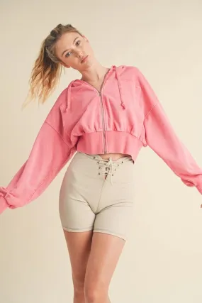 Mineral Wash Zip-Up Hoodie Pink