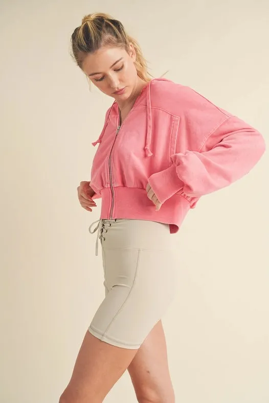 Mineral Wash Zip-Up Hoodie Pink