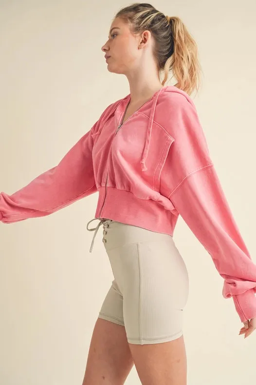 Mineral Wash Zip-Up Hoodie Pink