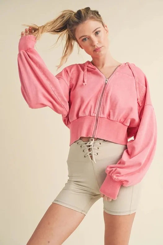 Mineral Wash Zip-Up Hoodie Pink
