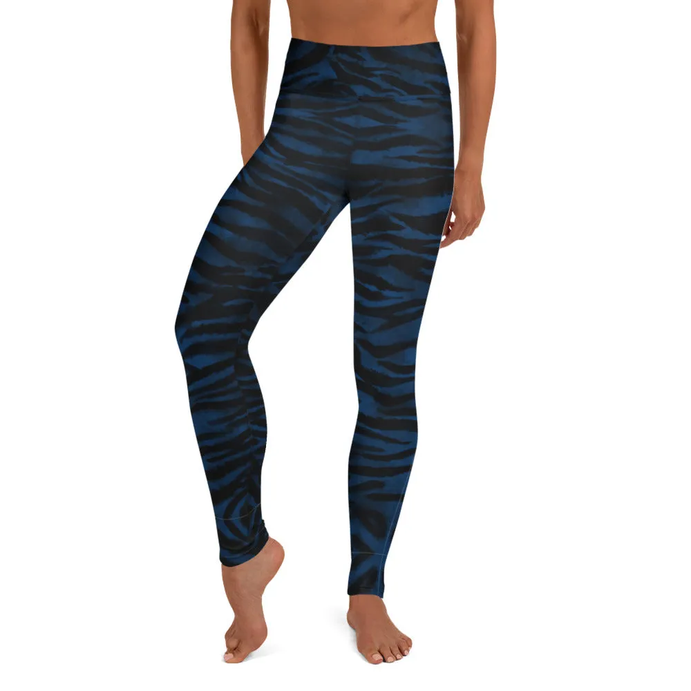 Navy Blue Tiger Yoga Leggings, Striped Animal Print Workout Tights For Women-Made in USA/EU