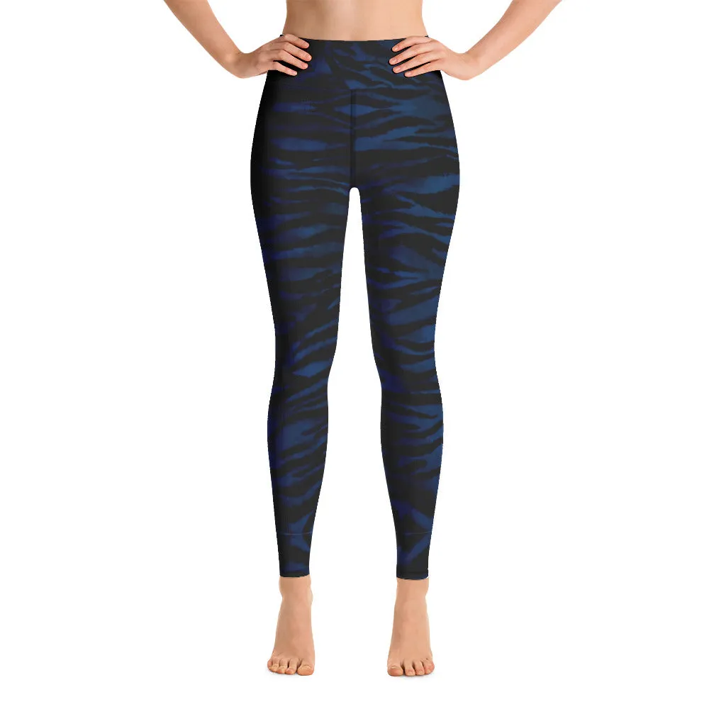 Navy Blue Tiger Yoga Leggings, Striped Animal Print Workout Tights For Women-Made in USA/EU