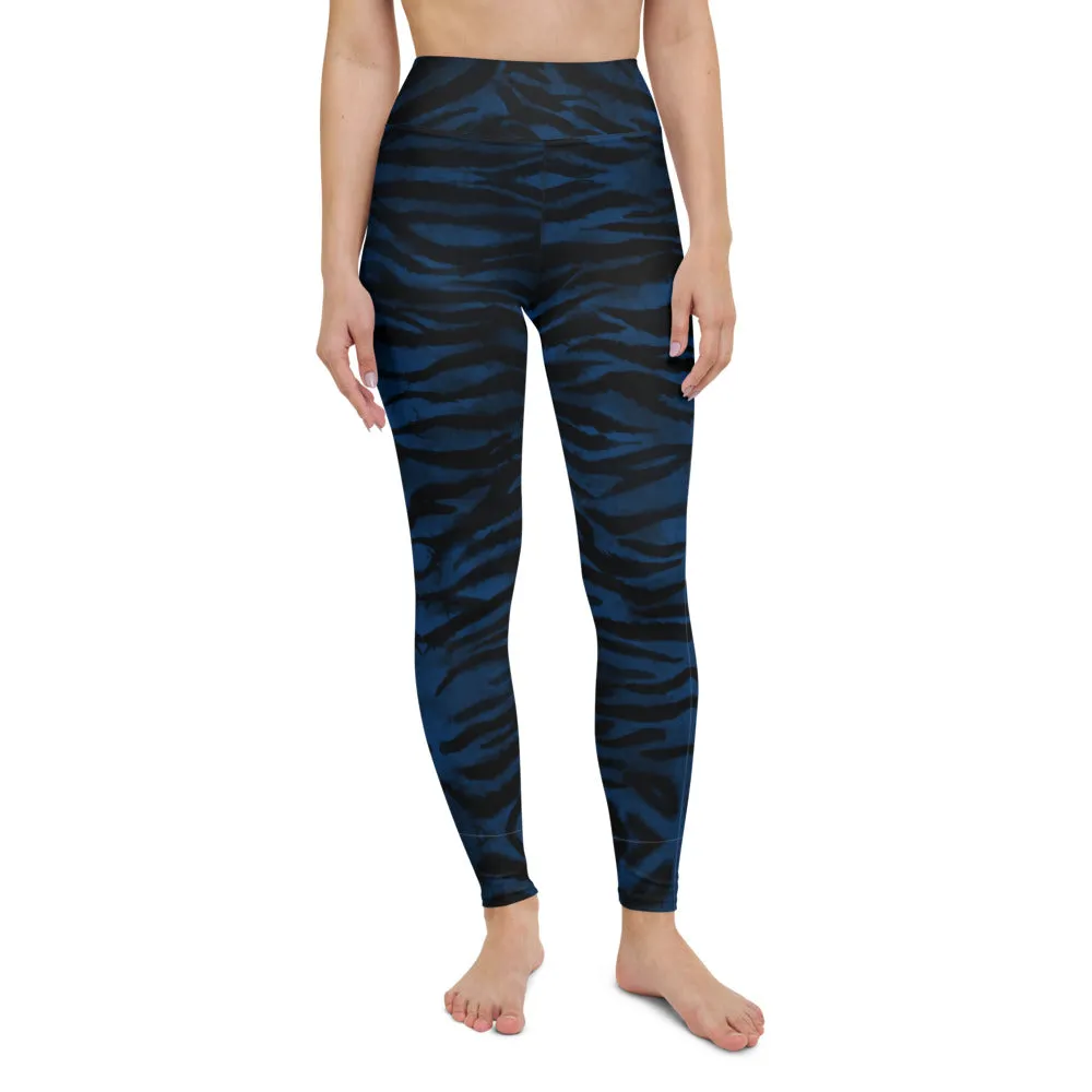 Navy Blue Tiger Yoga Leggings, Striped Animal Print Workout Tights For Women-Made in USA/EU