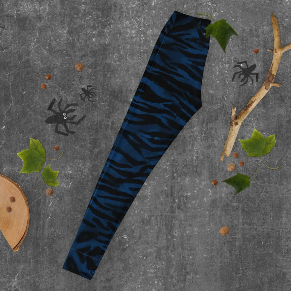 Navy Blue Tiger Yoga Leggings, Striped Animal Print Workout Tights For Women-Made in USA/EU