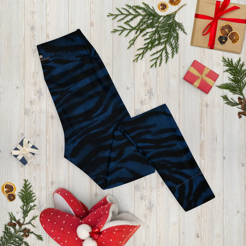 Navy Blue Tiger Yoga Leggings, Striped Animal Print Workout Tights For Women-Made in USA/EU