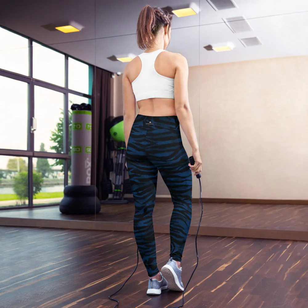 Navy Blue Tiger Yoga Leggings, Striped Animal Print Workout Tights For Women-Made in USA/EU