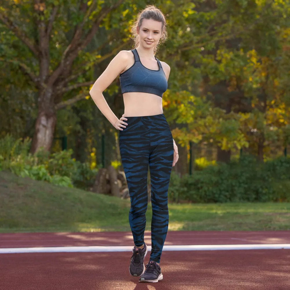 Navy Blue Tiger Yoga Leggings, Striped Animal Print Workout Tights For Women-Made in USA/EU