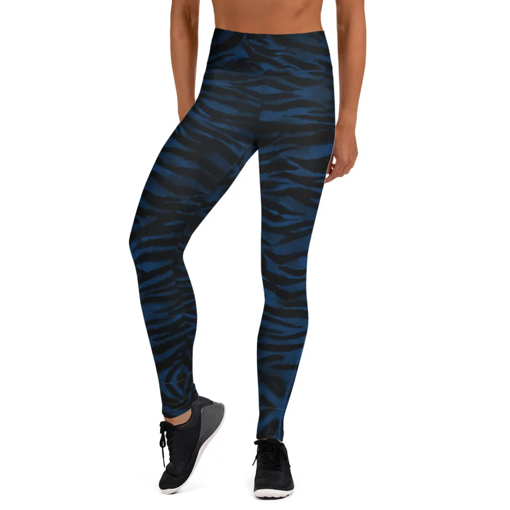 Navy Blue Tiger Yoga Leggings, Striped Animal Print Workout Tights For Women-Made in USA/EU