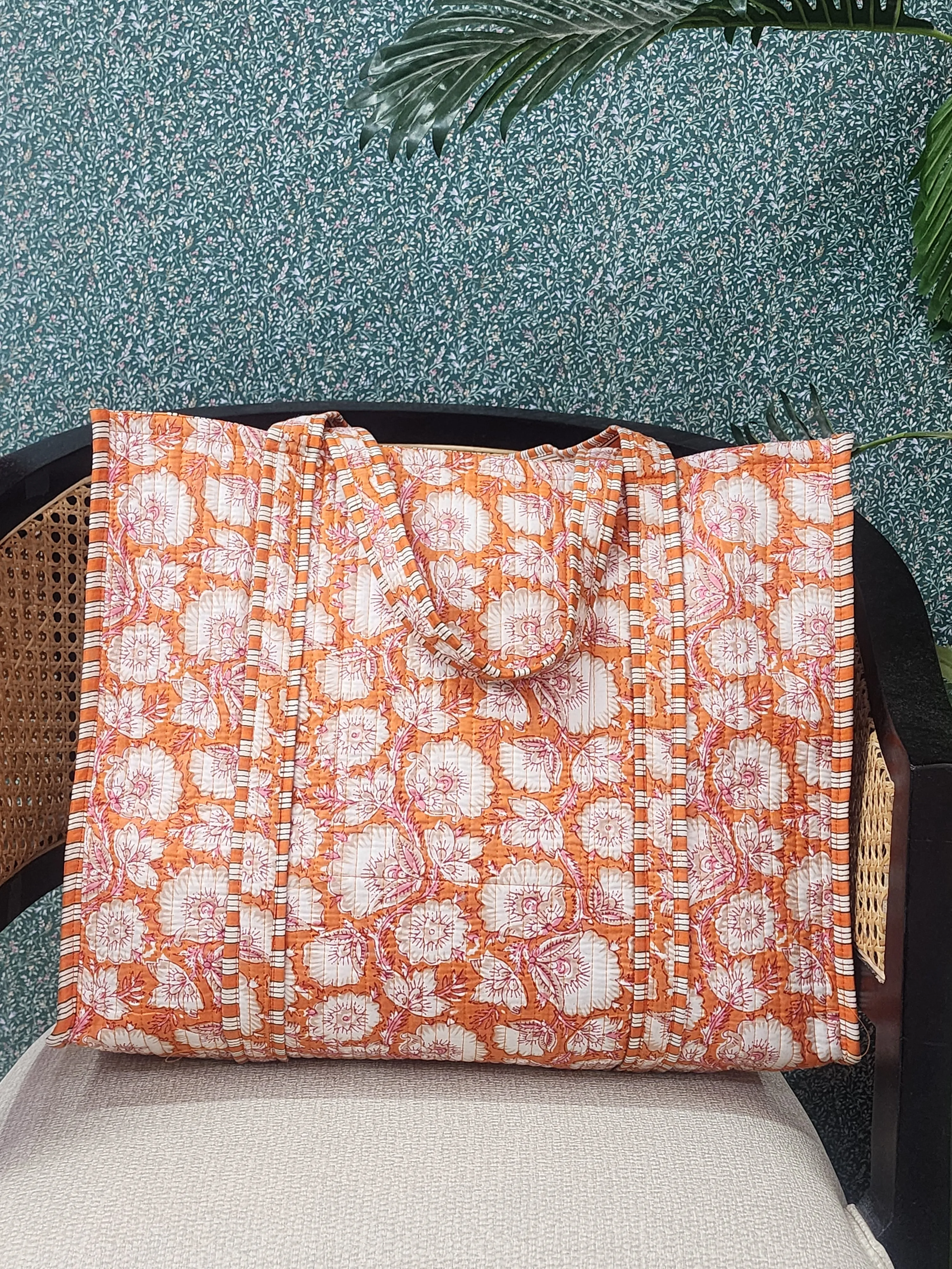 Orange & White Jute Handblock Printed Tote Bag Without Zip