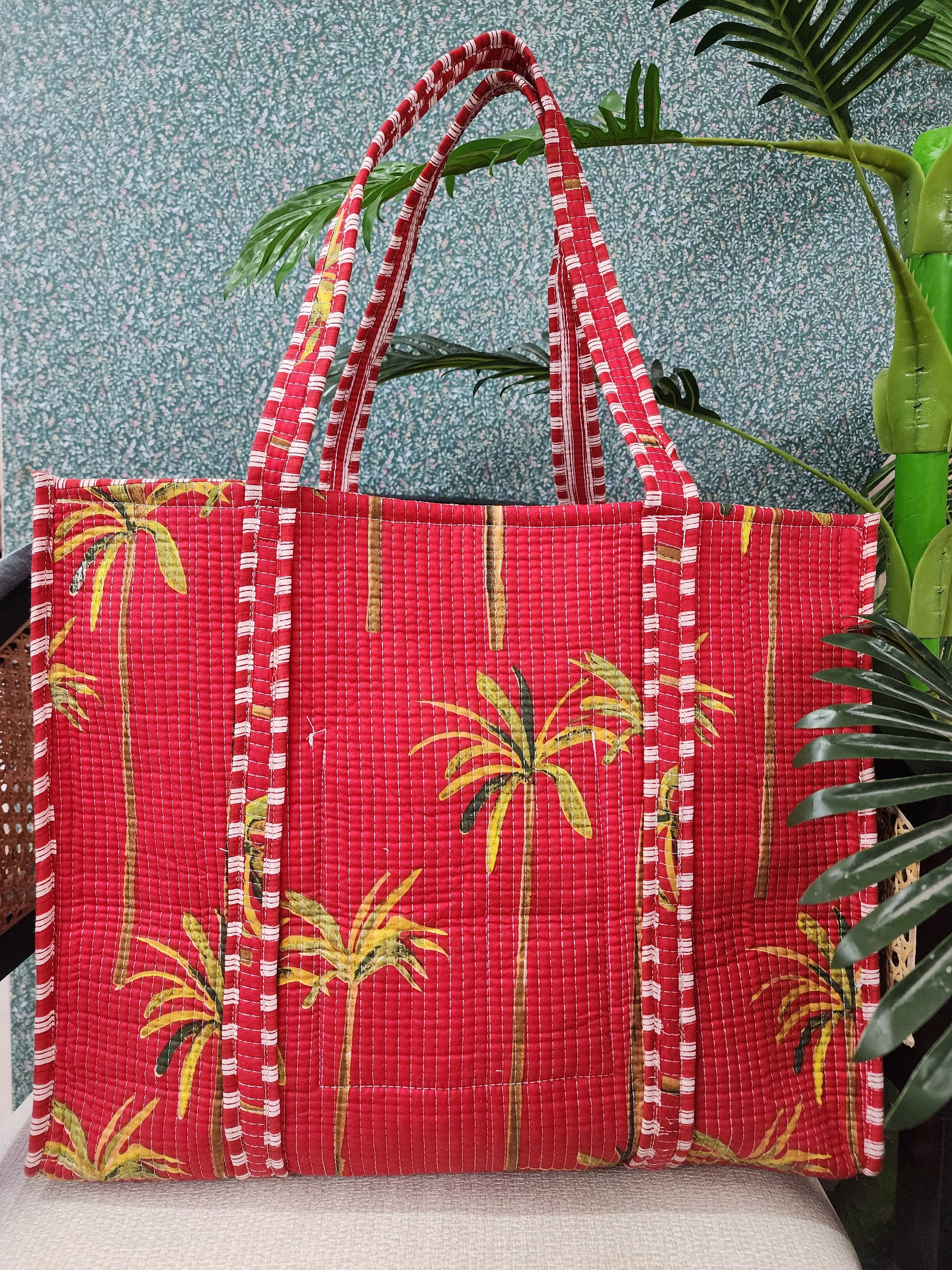 Red Jute Handblock Printed Quilted Tote Bag Without Zip