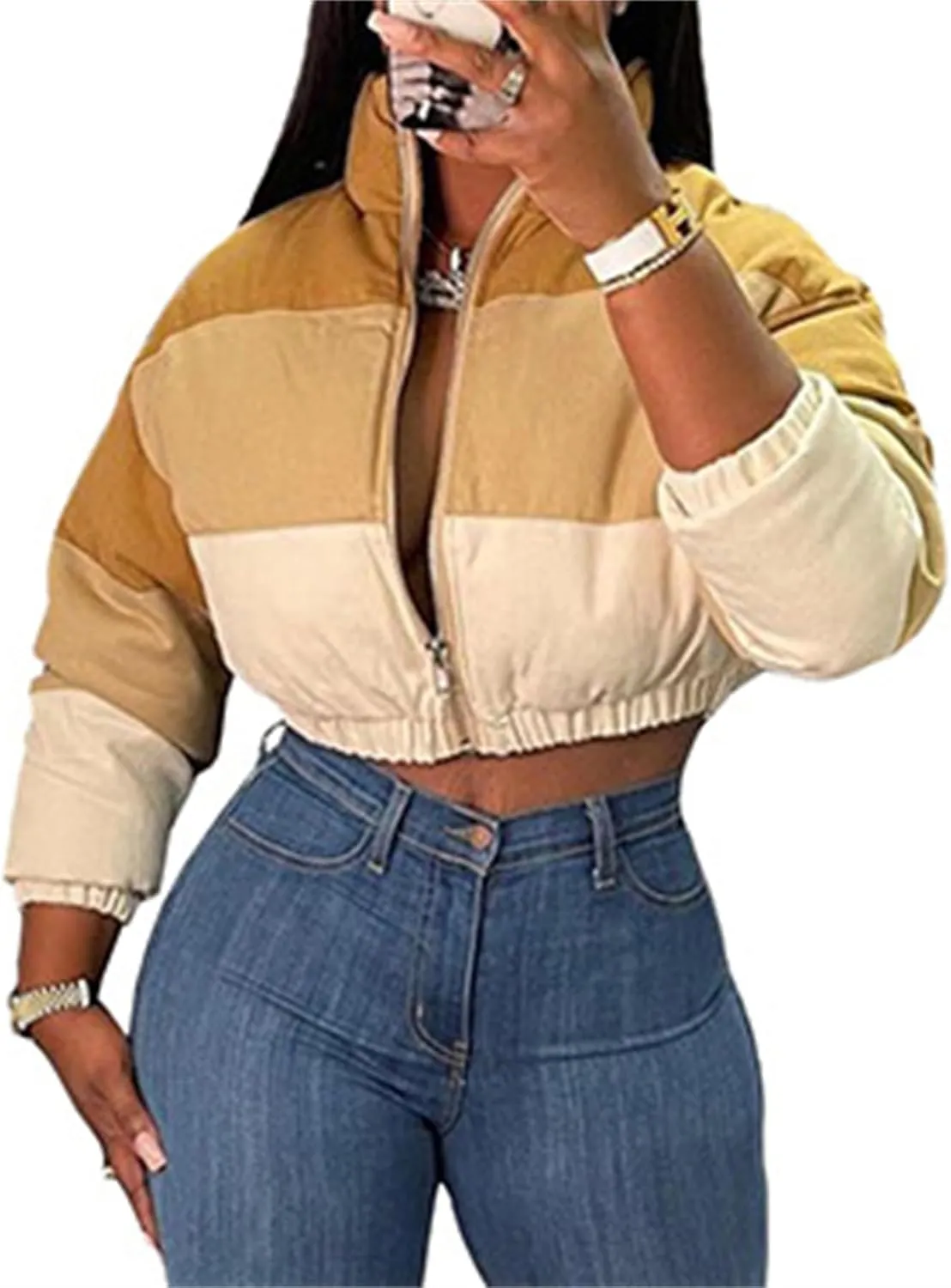 Women Puffer Quilted Jacket Cropped Zip Up Long Sleeve Buuble Jackets Warm Patchwork Coat