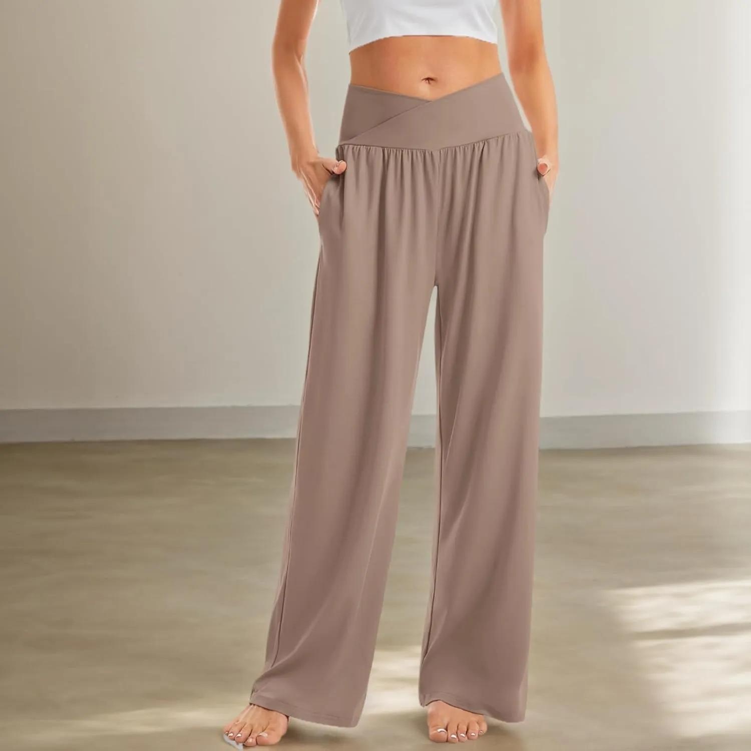 Women Wide Leg Yoga Pants Crossover Yoga Pants with Pockets Tummy Control Flare Leggings Stretch Lounge Sweatpant