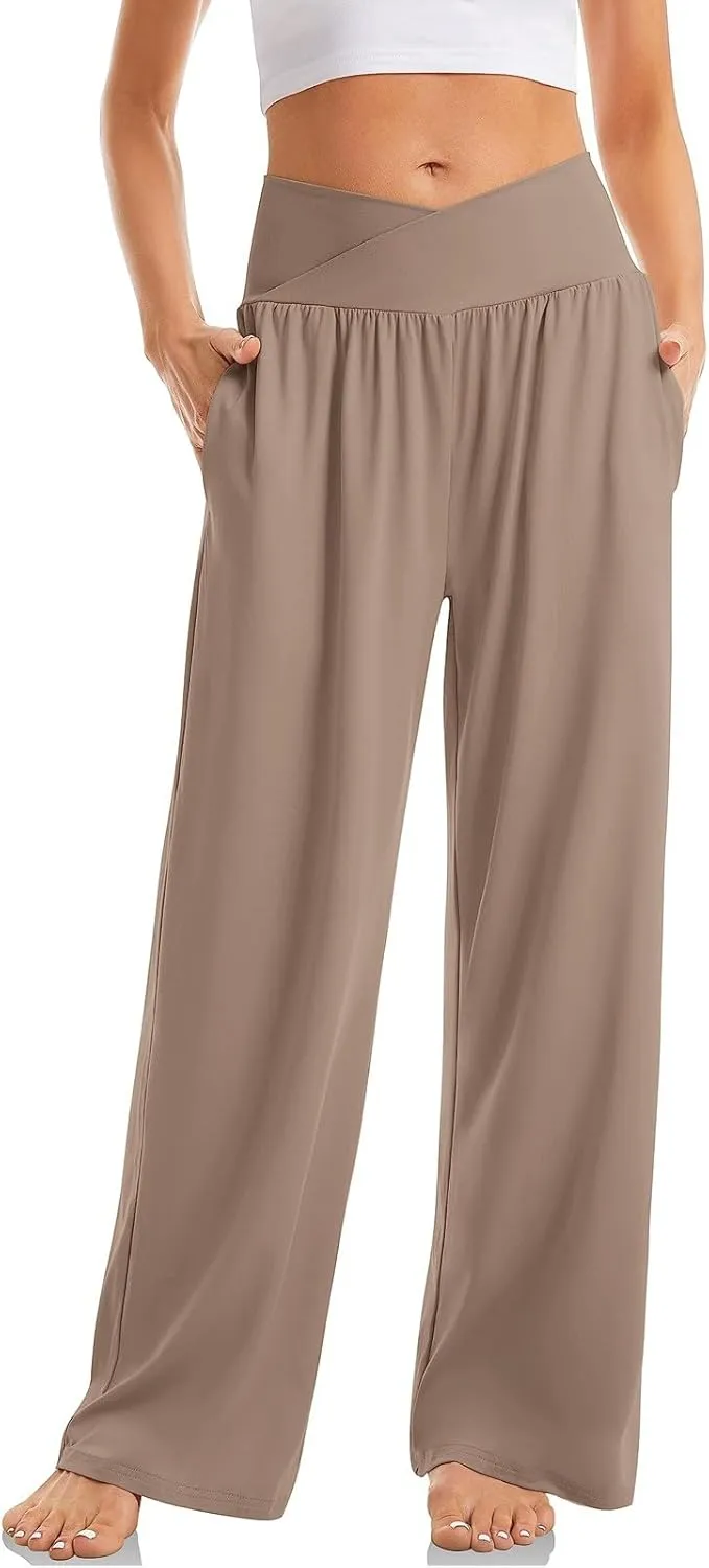 Women Wide Leg Yoga Pants Crossover Yoga Pants with Pockets Tummy Control Flare Leggings Stretch Lounge Sweatpant