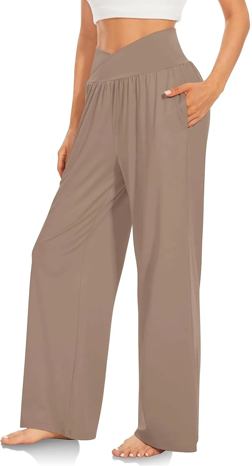 Women Wide Leg Yoga Pants Crossover Yoga Pants with Pockets Tummy Control Flare Leggings Stretch Lounge Sweatpant