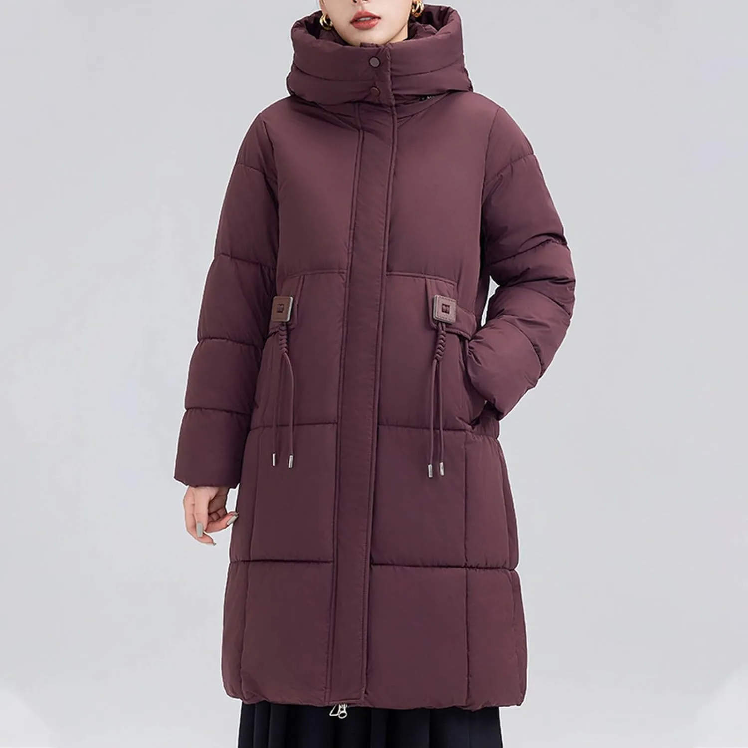 Women's Hooded Down Jacket Long Winter Coat Puffer Jackets Lightweight Quilted Hooded Long Down Alternative Outwear