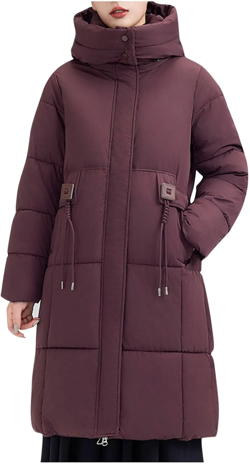 Women's Hooded Down Jacket Long Winter Coat Puffer Jackets Lightweight Quilted Hooded Long Down Alternative Outwear