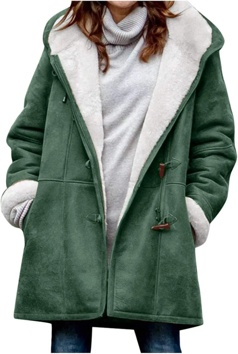 Womens Plus Size Fleece Winter Coats 2024 Sherpa Lined Fuzzy Plush Hooded Cardigans Jackets Distressed Faux Suede Parkas