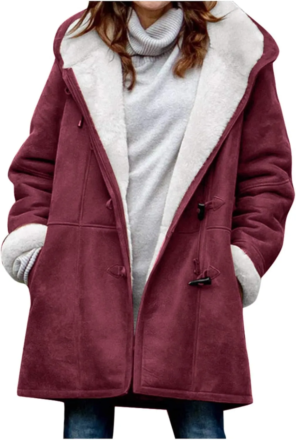 Womens Plus Size Fleece Winter Coats 2024 Sherpa Lined Fuzzy Plush Hooded Cardigans Jackets Distressed Faux Suede Parkas