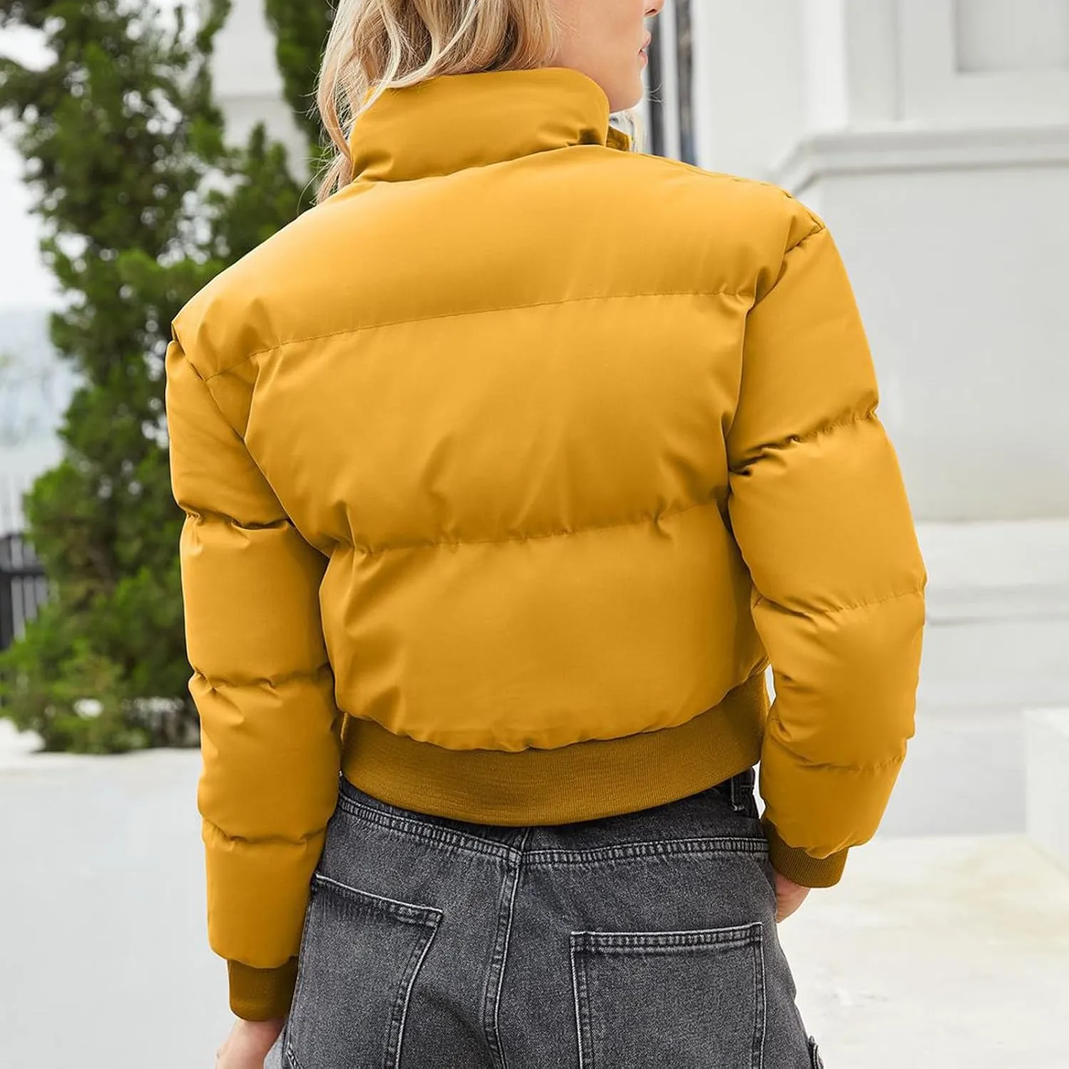 Women's Winter Cropped Puffer Jacket Long Sleeve Oversized Stand Collar Zip-Up Short Down Coat Fashion Solid Outwear