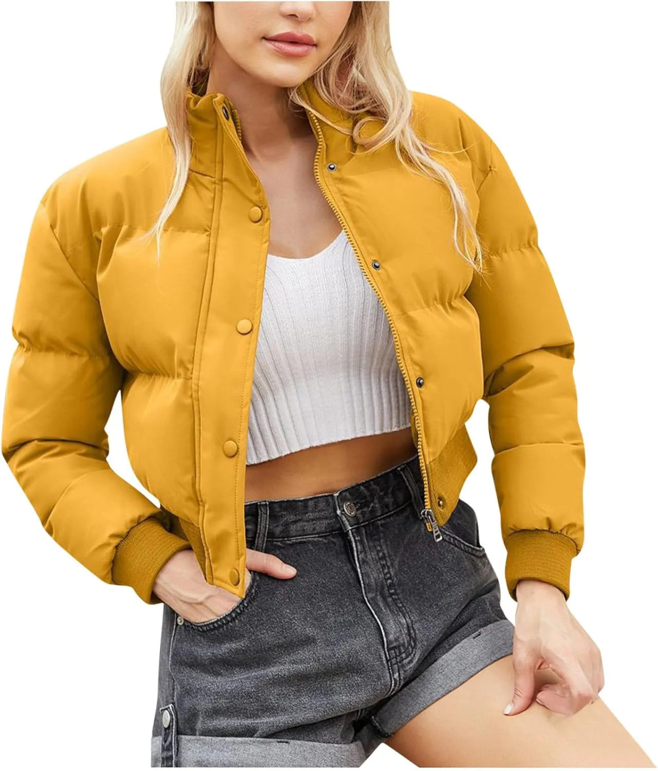 Women's Winter Cropped Puffer Jacket Long Sleeve Oversized Stand Collar Zip-Up Short Down Coat Fashion Solid Outwear