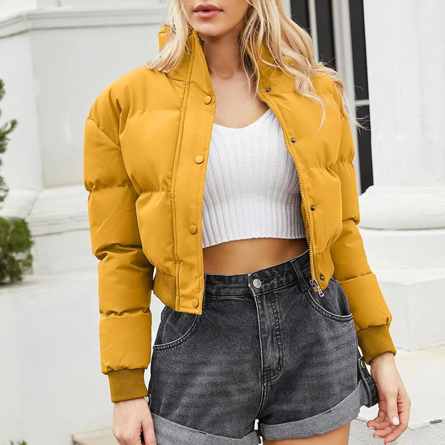 Women's Winter Cropped Puffer Jacket Long Sleeve Oversized Stand Collar Zip-Up Short Down Coat Fashion Solid Outwear